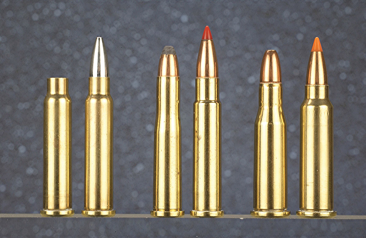 Left to right are the sized .19 Calhoon case, a loaded .19 Calhoon, .22 Hornet, .22 K-Hornet, .218 Bee and the .218 Mashburn Bee.